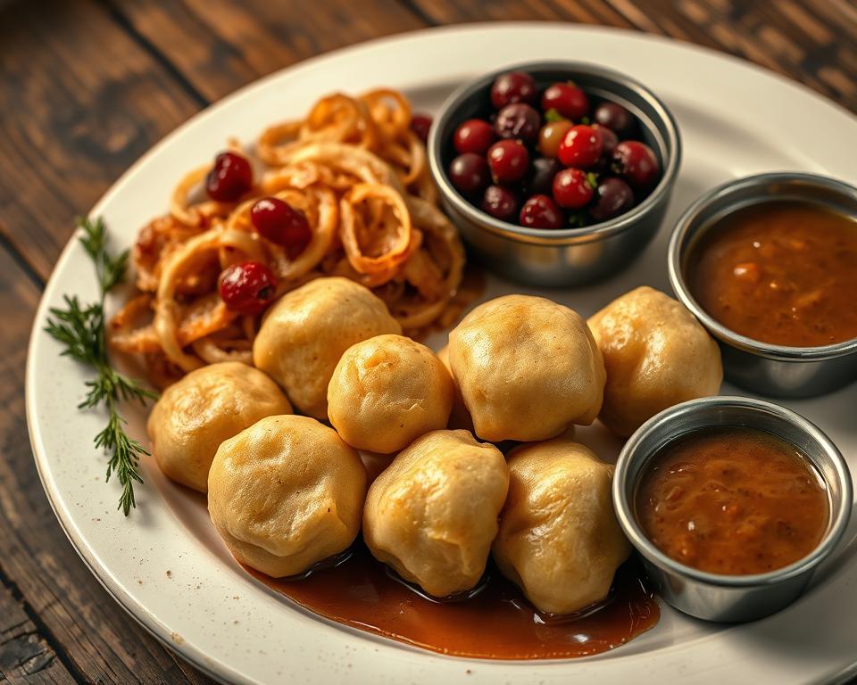 Norwegische Kartoffelknödel mit traditionellen Beilagen Norwegische Kartoffelknödel mit traditionellen Beilagen