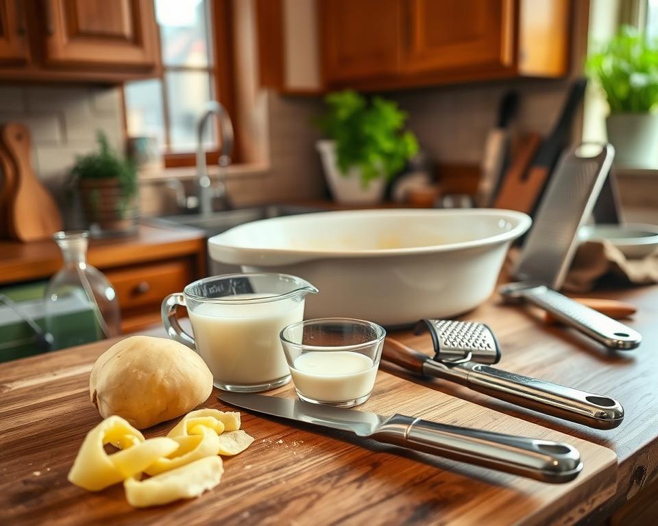 Küchenutensilien für Kartoffelgratin