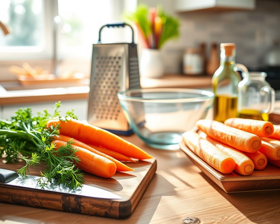 Küchenutensilien für Möhrensalat Zubereitung