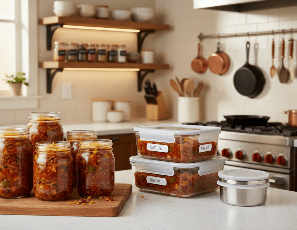 A beautiful and inviting kitchen scene displaying various containers for storing Chili con Carne. In the foreground, highlight an assortment of glass jars filled with colorful, freshly-prepared chili, showcasing vibrant ingredients like beans, tomatoes, and peppers. In the middle, feature a well-organized countertop with a few matching airtight storage containers, some labeled with dates, emphasizing preservation. The background should display a cozy kitchen ambiance with soft, warm lighting illuminating the scene, enhancing the rich colors of the chili. Incorporate wooden shelves filled with spices and cooking utensils, adding an authentic culinary feel. The overall mood should evoke a sense of warmth, homeliness, and practicality, suitable for preserving a beloved dish like Chili con Carne.
