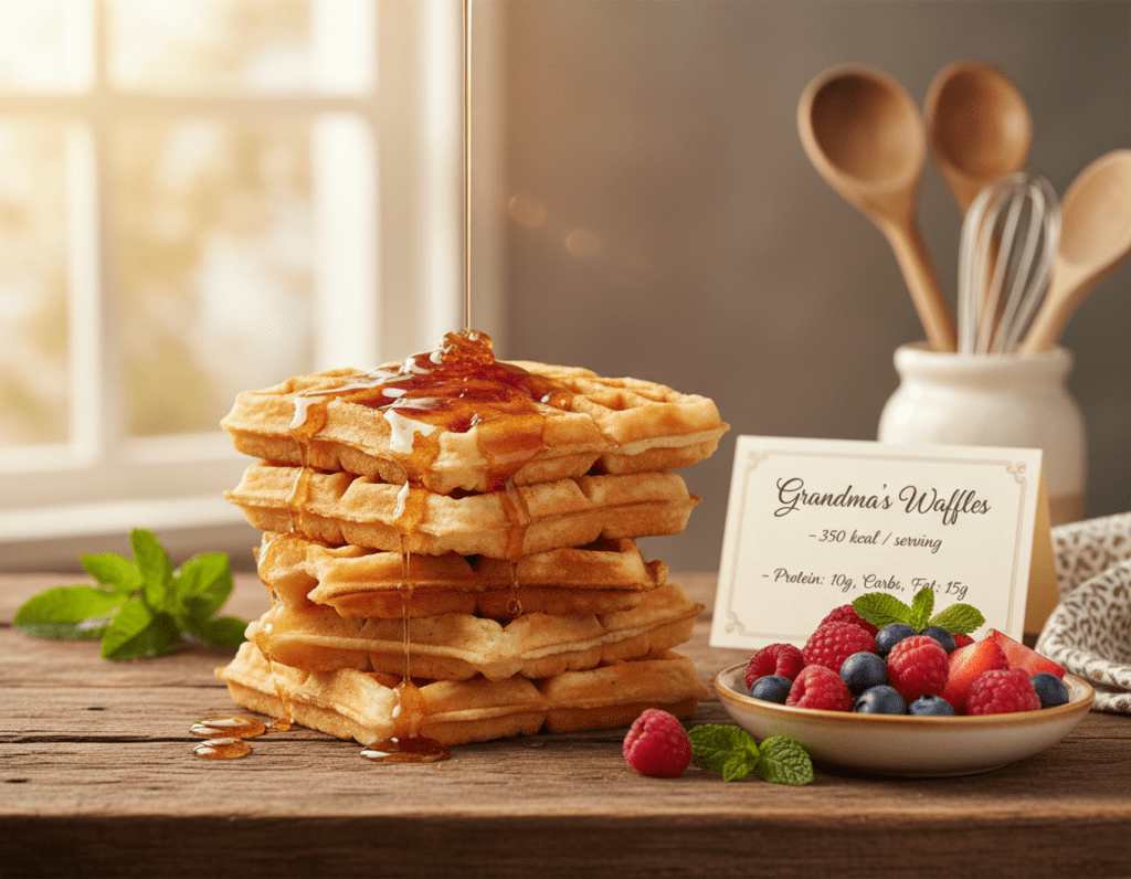 A beautiful arrangement of freshly made waffles stacked on a rustic wooden table, accompanied by a small bowl of colorful berries and a drizzle of syrup. In the foreground, the waffles are golden-brown with a crispy texture, showcasing their inviting appearance. In the middle background, a handwritten recipe card is slightly blurred, hinting at traditional family recipes. Soft, warm natural lighting filters through a nearby window, creating a cozy atmosphere. The background features subtle kitchen elements like vintage utensils and a bunch of fresh mint leaves, enhancing the homely feel. The overall mood is nostalgic and inviting, perfect for illustrating the nutritional values and calories associated with this beloved dish.