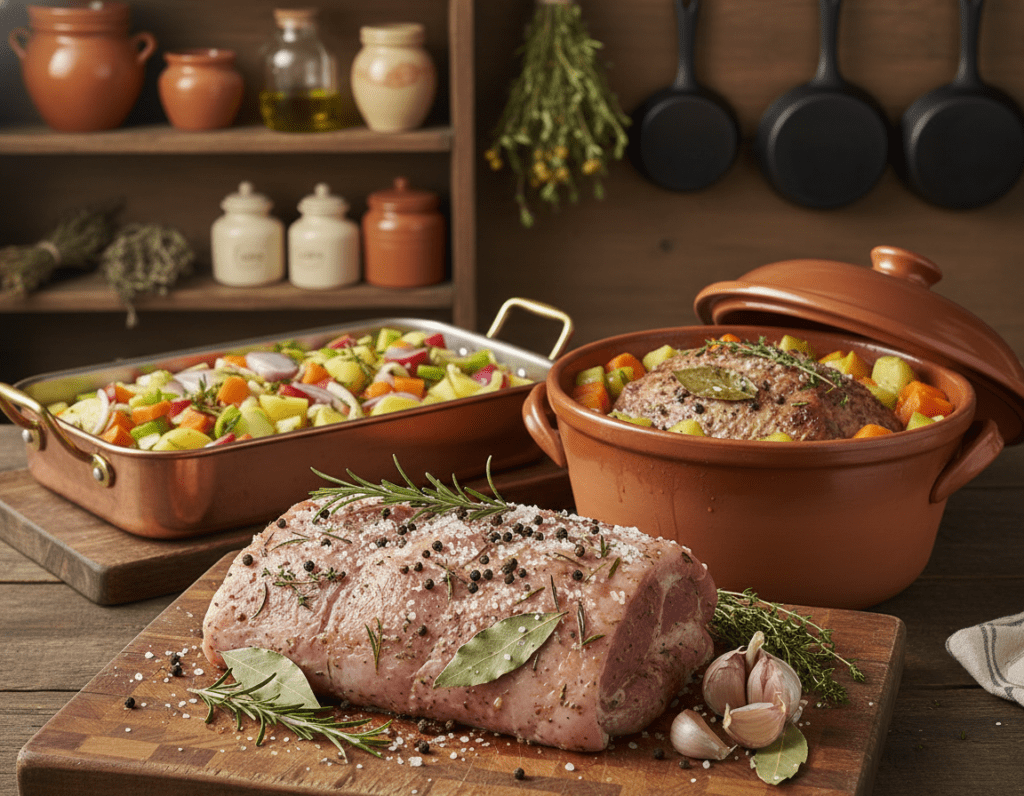 A beautiful kitchen scene depicting the preparation of Salzbraten, showcasing both a traditional roasting pan and a Römertopf. In the foreground, there's a succulent piece of marinated meat resting on a wooden cutting board, surrounded by fresh herbs, garlic, and spices. The middle layer features the roasting pan filled with vegetables, ready to enhance the dish, alongside a Römertopf with its lid slightly ajar, revealing the tender meat inside. Soft, warm lighting fills the kitchen, creating a cozy atmosphere. The background shows wooden shelves lined with rustic kitchen tools and spices, capturing the essence of home cooking. The composition emphasizes the contrast between the two cooking methods, inviting the viewer to appreciate the artistry of Salzbraten.