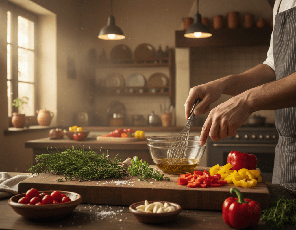 A beautiful kitchen scene featuring the preparation of a Mediterranean herb marinade. In the foreground, a wooden cutting board filled with fresh ingredients: sprigs of rosemary, thyme, and oregano, along with a bowl of olive oil, a small dish of garlic cloves, and a sprinkle of sea salt. In the middle, a chef's hands gently mixing the ingredients together with a whisk, surrounded by vibrant vegetables like bell peppers and cherry tomatoes, beautifully arranged. The background reveals a rustic kitchen with soft, warm lighting highlighting the colors of the ingredients. A hint of sunlight filtering through a window adds warmth and a welcoming atmosphere, evoking a sense of home-cooked joy and Mediterranean influence. The scene invites the viewer into the culinary process, capturing the essence of homemade marinades.
