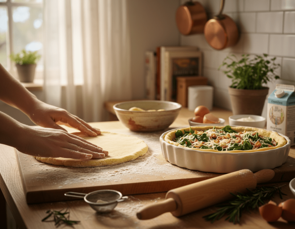 A beautiful kitchen scene showcasing the process of making shortcrust pastry for a quiche. In the foreground, a wooden countertop is adorned with flour, a rolling pin, and a bowl of dough, with hands gently shaping the pastry. In the middle ground, a partially prepared quiche in a ceramic pie dish is surrounded by fresh ingredients like spinach, cheese, and bacon. The background features a cozy kitchen ambiance with soft, warm lighting that highlights the textures of the ingredients and tools, creating a homely, inviting atmosphere. The image captures the essence of cooking, evoking a sense of warmth and creativity, with a shallow depth of field to focus on the pastry-making process.