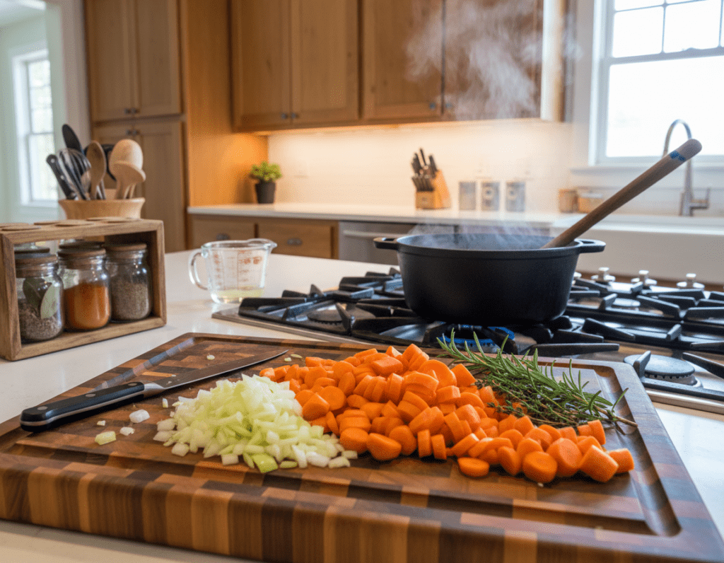 A beautiful kitchen setup specifically for making a hearty carrot stew. In the foreground, there is a large, colorful cutting board adorned with freshly chopped carrots, onions, and herbs. A sturdy wooden spoon rests beside a simmering pot on the stove, giving off a gentle steam. In the middle ground, various kitchen utensils like a sharp knife, a measuring cup, and a spice rack filled with jars are neatly arranged. The background features a cozy kitchen with warm wood cabinets and soft, ambient lighting, creating an inviting atmosphere. A window lets in natural light, enhancing the fresh ingredients' vibrant colors. The camera angle is slightly elevated, capturing the entire scene in a homely yet organized manner.
