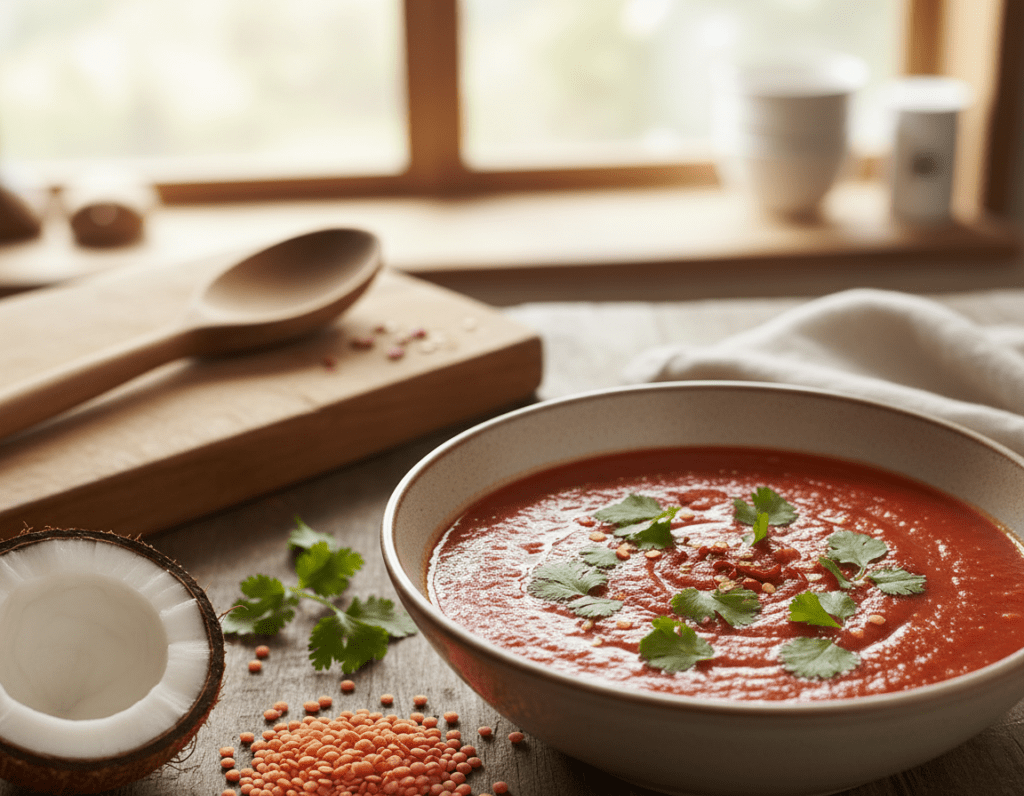 A beautiful overhead view of a vibrant red lentil soup made with creamy coconut milk, showcasing a bowl filled with the rich, smooth mixture topped with fresh cilantro leaves and a sprinkle of chili flakes. In the foreground, a few whole red lentils and a coconut half are artistically arranged to represent the ingredients. The middle ground features blurred kitchen tools, such as a wooden spoon and a cutting board, hinting at the preparation process. The background consists of a warm, inviting kitchen with soft, natural light streaming through a window, creating a cozy atmosphere. The overall mood is healthy and appetizing, inviting viewers to appreciate the nutritional benefits of coconut milk in the dish.