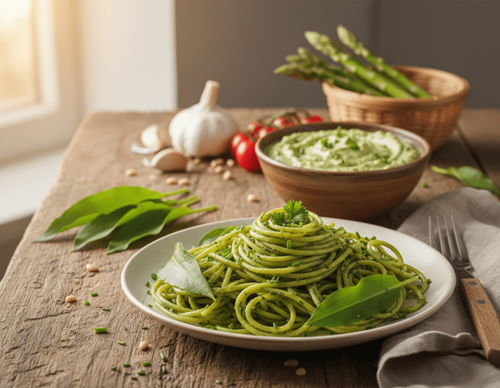 A beautiful plate of vegan wild garlic pasta, elegantly arranged on a rustic wooden table. The foreground features strands of green pasta, glistening with a drizzle of olive oil, surrounded by vibrant green wild garlic leaves and finely chopped herbs for garnish. The middle ground showcases a small bowl of creamy vegan sauce, made from cashews and herbs, adding to the dish's richness. In the background, soft natural lighting filters in from a nearby window, casting gentle shadows and illuminating the fresh ingredients, including whole garlic bulbs, fresh vegetables, and a sprinkle of pine nuts. The atmosphere is warm and inviting, reflecting a cozy kitchen setting perfect for cooking and sharing meals.