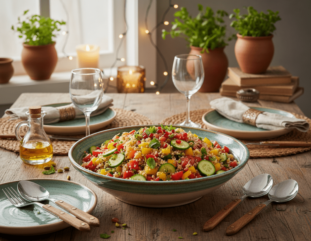 A beautiful presentation of a bulgur salad served elegantly on a rustic wooden table. In the foreground, a large, colorful ceramic bowl filled with bulgur salad, showcasing fresh vegetables like ripe tomatoes, cucumbers, bell peppers, and finely chopped parsley, all glistening with a light drizzle of olive oil and lemon juice. Surrounding the bowl, there are stylish serving utensils and small plates ready for guests. In the middle ground, a cozy dining setup, featuring warm, diffused lighting that creates a welcoming atmosphere. In the background, soft-focus elements such as candlelight and subtle green plants, enhancing the inviting mood. The image should evoke a sense of warmth, making it ideal for a main dish or side accompaniment. A beautiful presentation of a bulgur salad served elegantly on a rustic wooden table. In the foreground, a large, colorful ceramic bowl filled with bulgur salad, showcasing fresh vegetables like ripe tomatoes, cucumbers, bell peppers, and finely chopped parsley, all glistening with a light drizzle of olive oil and lemon juice. Surrounding the bowl, there are stylish serving utensils and small plates ready for guests. In the middle ground, a cozy dining setup, featuring warm, diffused lighting that creates a welcoming atmosphere. In the background, soft-focus elements such as candlelight and subtle green plants, enhancing the inviting mood. The image should evoke a sense of warmth, making it ideal for a main dish or side accompaniment.
