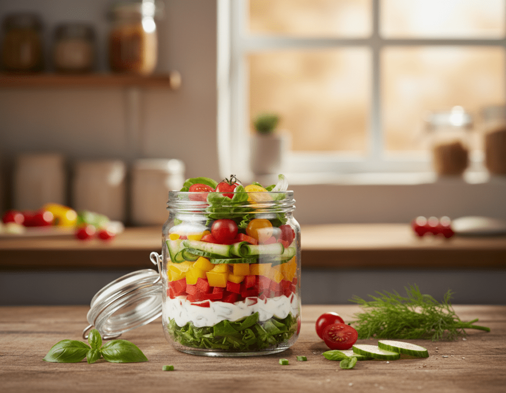 A beautiful, vibrant scene showcasing a layered salad in a transparent glass container, elegantly arranged with fresh ingredients like colorful bell peppers, cucumbers, cherry tomatoes, and layers of creamy Miracel Whip dressing. In the foreground, focus on the salad container with a lid partially opened, revealing the vibrant colors and textures inside. The middle of the image features a wooden kitchen table with a few scattered fresh herbs and ingredients, creating a homely atmosphere. The background displays a softly lit kitchen environment with subtle bokeh effect, emphasizing the idea of preservation and storage. The lighting is warm and inviting, accentuating the freshness of the ingredients. The mood is cheerful and enticing, perfect for showcasing food storage tips.