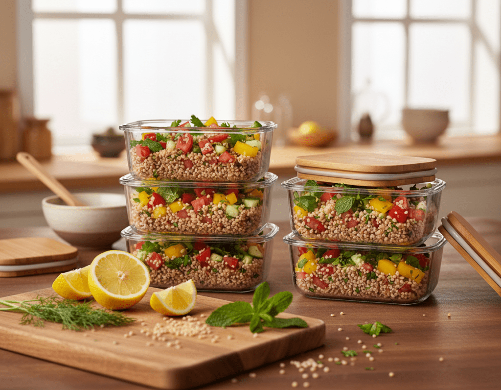 A beautifully arranged Bulgursalat meal prep scene showcasing transparent glass storage containers filled with vibrant, colorful bulgur salad rich in fresh vegetables like diced tomatoes, cucumbers, and bell peppers. In the foreground, a wooden cutting board displays additional ingredients, including lemon wedges and fresh herbs, adding a touch of culinary artistry. In the middle, the neatly organized containers are stacked with lids slightly ajar, suggesting freshness and accessibility. The background features a softly blurred kitchen setting with warm, inviting lighting coming from large windows, creating an atmosphere of comfort and preparation. Shot from a top-down angle, the image conveys a cozy, homely vibe, emphasizing the practicality and beauty of meal prep for Bulgursalat. A beautifully arranged Bulgursalat meal prep scene showcasing transparent glass storage containers filled with vibrant, colorful bulgur salad rich in fresh vegetables like diced tomatoes, cucumbers, and bell peppers. In the foreground, a wooden cutting board displays additional ingredients, including lemon wedges and fresh herbs, adding a touch of culinary artistry. In the middle, the neatly organized containers are stacked with lids slightly ajar, suggesting freshness and accessibility. The background features a softly blurred kitchen setting with warm, inviting lighting coming from large windows, creating an atmosphere of comfort and preparation. Shot from a top-down angle, the image conveys a cozy, homely vibe, emphasizing the practicality and beauty of meal prep for Bulgursalat.
