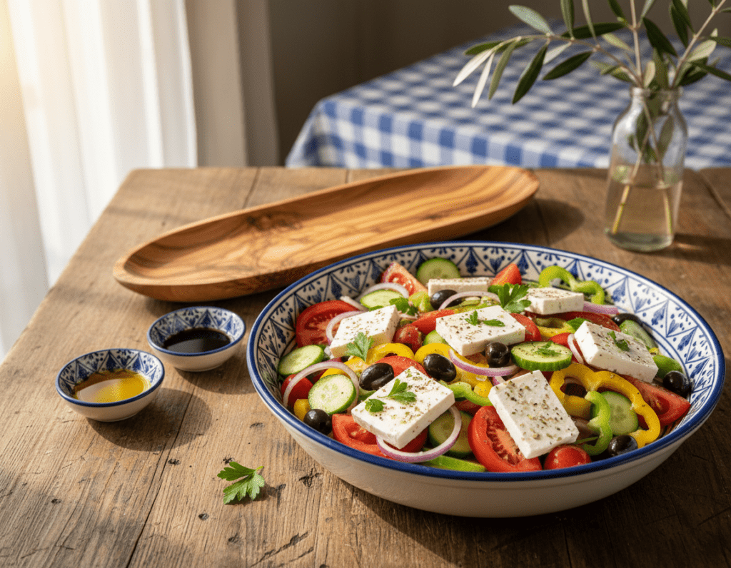 A beautifully arranged Greek salad on a rustic wooden table, showcasing vibrant ingredients in a large, colorful bowl. In the foreground, juicy ripe tomatoes, crunchy cucumbers, red onions, bell peppers, Kalamata olives, and creamy feta cheese are artfully layered. Fresh herbs such as parsley and oregano sprinkle the top, adding a vivid green contrast. In the middle ground, a stylish serving platter accompanies small bowls of olive oil and balsamic vinegar for dipping. A soft, warm natural light illuminates the scene, creating a welcoming and fresh atmosphere. In the background, hints of Mediterranean elements such as olive branches in a vase and a blue and white tablecloth subtly suggest a Greek theme. The angle captures the salad slightly from above, ensuring all textures and colors are highlighted beautifully.