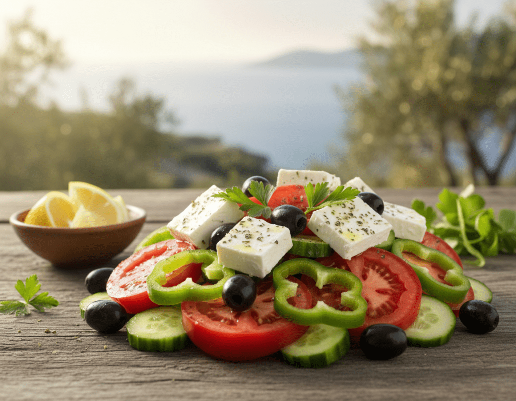 A beautifully arranged Greek salad on a rustic wooden table, showcasing vibrant layers of fresh, vivid ingredients. In the foreground, thick slices of ripe tomatoes, crisp cucumbers, and green bell peppers are interspersed with creamy feta cheese and kalamata olives. A drizzle of golden olive oil glistens on top. In the middle ground, a handful of fresh parsley and oregano adds a touch of green, while a small bowl of lemon wedges sits to the side. The background features a blurred Mediterranean landscape with a warm, golden hour sunlight casting soft shadows, creating an inviting and fresh atmosphere. The image captures a harmonious blend of colors and textures, embodying the essence of a traditional Greek salad.