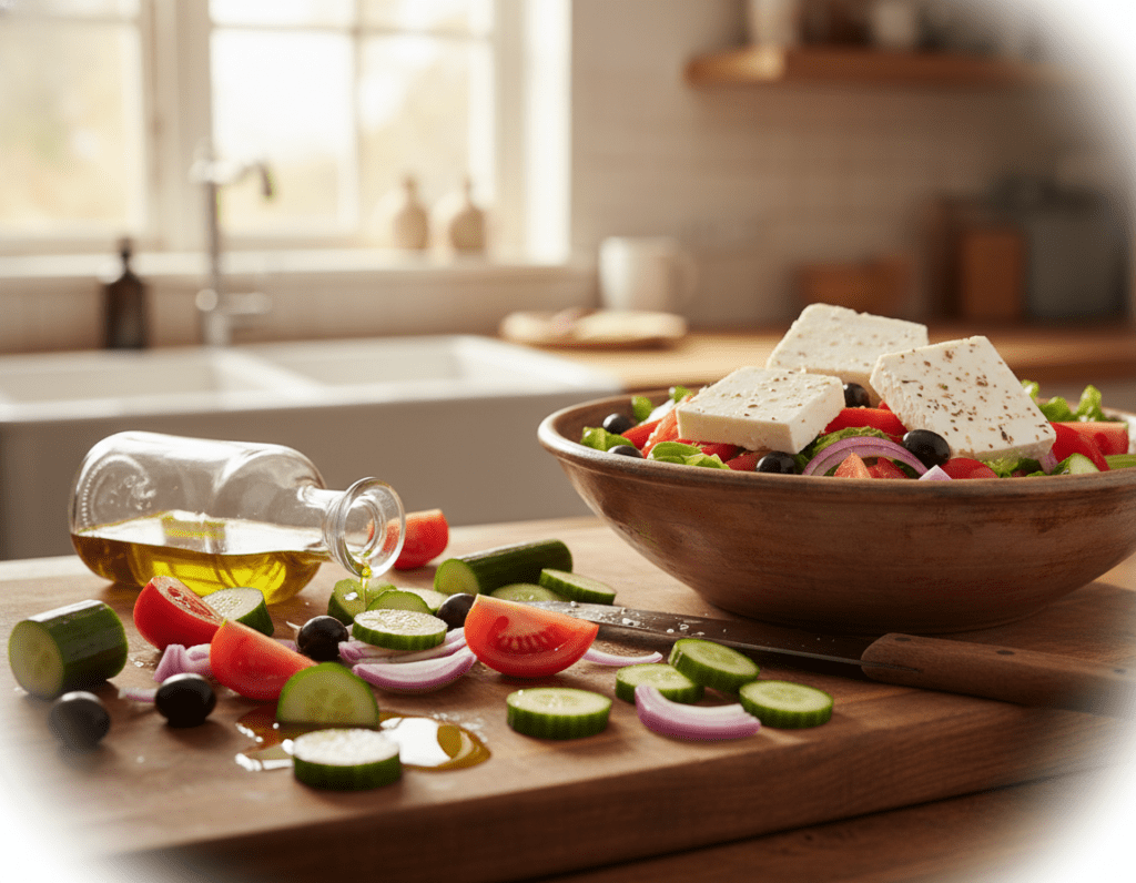 A beautifully arranged Greek salad preparation scene, showcasing common mistakes in its assembly. In the foreground, a wooden cutting board with chopped cucumbers, tomatoes, red onions, and olives scattered haphazardly, some ingredients carelessly sliced, with a half-empty bottle of olive oil tipped over, creating a small spill. In the middle, a large ceramic bowl displaying a vibrant, but poorly mixed salad, with large, awkward chunks of feta cheese unevenly placed. The background features a bright kitchen setting with sunlight streaming through a window, producing a warm and inviting atmosphere. A rustic kitchen knife rests beside the bowl. Soft focus on the edges enhances the central image. The overall mood conveys a light-hearted, educational tone about common mistakes when making Greek salad.