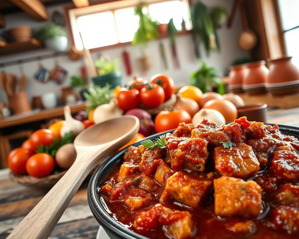 A beautifully arranged Italian ragout dish, lavishly filled with tender chunks of meat and a rich, dark sauce simmering with herbs. In the foreground, a large wooden spoon rests beside a bowl filled with the flavorful ragout. In the middle, fresh ingredients like tomatoes, garlic, and onions are artfully displayed, showcasing vibrant colors of red, yellow, and green. In the background, a rustic kitchen setting with wooden beams, terracotta pots, and fresh herbs hanging adds warmth to the scene. Soft, natural lighting cascades into the room, creating a cozy and inviting atmosphere, reminiscent of a classic Italian kitchen. The angle should capture the depth of the dish while emphasizing the freshness of the ingredients, inviting viewers to feel as if they are stepping into an Italian culinary experience.