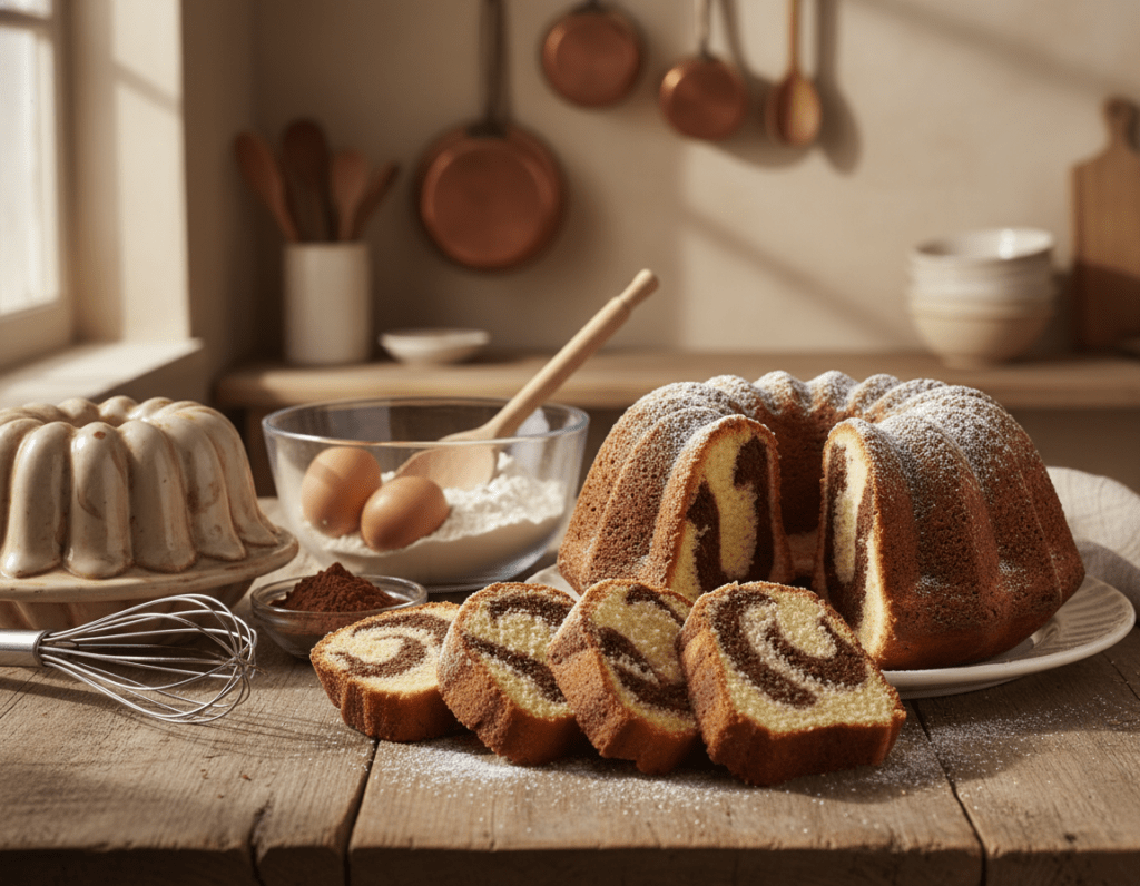 A beautifully arranged Marmorgugelhupf, showcasing the rich, marbled patterns of chocolate and vanilla cake, sits on a wooden kitchen table. In the foreground, delicate slices of the moist cake reveal their fluffy texture, surrounded by a sprinkle of powdered sugar. A vintage baking dish and a whisk lie nearby, hinting at the baking process. In the middle ground, a bowl of fresh ingredients—eggs, flour, and cocoa powder—can be seen, with a wooden spoon resting in the bowl. The background features a softly lit, cozy kitchen with warm tones and hanging utensils, creating a welcoming atmosphere. Natural light streams in from a nearby window, casting gentle shadows. The overall mood is inviting and homely, perfect for a baking article.