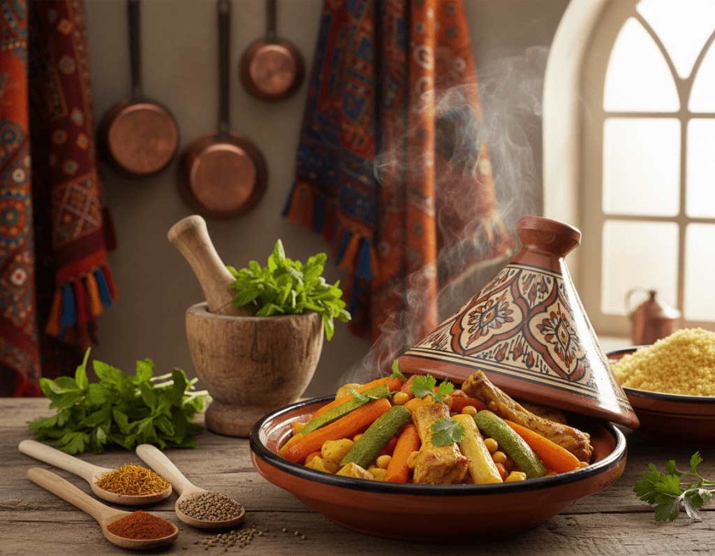 A beautifully arranged North African kitchen scene featuring a traditional tajine dish steaming with colorful vegetables and tender meat, surrounded by a fluffy mound of couscous. In the foreground, the tajine is artfully presented with intricate patterns, while aromatic spices like saffron, cumin, and coriander are displayed nearby on wooden spoons. The middle ground includes rustic kitchen tools, such as a mortar and pestle, and fresh herbs. In the background, warm Moroccan textiles add vibrant colors, illuminated by soft, natural lighting filtering through a window, creating a cozy, inviting mood. The angle captures the essence of home cooking, inviting viewers to experience the warmth and richness of North African culinary traditions.