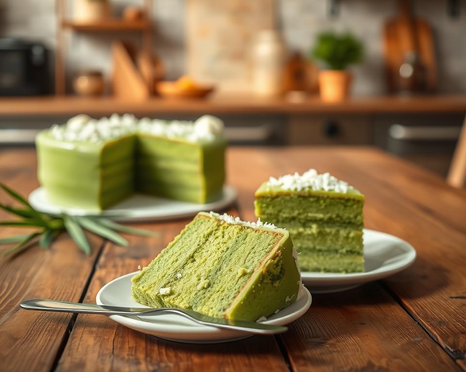 A beautifully arranged Pandan cake on a rustic wooden table, showcasing its vibrant green color and fluffy texture. In the foreground, a slice of the cake is placed on a delicate white porcelain plate, revealing the moist, layered interior. A small knife glistens beside the plate, and a sprinkle of desiccated coconut adorns the top of the cake. In the middle ground, a jar of pandan extract and fresh pandan leaves are artistically placed, enhancing the tropical theme. The background features a softly blurred kitchen setting with warm, natural lighting that creates a cozy and inviting atmosphere. Capture the essence of a classic pandan cake recipe while ensuring an appetizing and enticing presentation. Use a shallow depth of field to emphasize the cake, maintaining a standard 35mm lens perspective. A beautifully arranged Pandan cake on a rustic wooden table, showcasing its vibrant green color and fluffy texture. In the foreground, a slice of the cake is placed on a delicate white porcelain plate, revealing the moist, layered interior. A small knife glistens beside the plate, and a sprinkle of desiccated coconut adorns the top of the cake. In the middle ground, a jar of pandan extract and fresh pandan leaves are artistically placed, enhancing the tropical theme. The background features a softly blurred kitchen setting with warm, natural lighting that creates a cozy and inviting atmosphere. Capture the essence of a classic pandan cake recipe while ensuring an appetizing and enticing presentation. Use a shallow depth of field to emphasize the cake, maintaining a standard 35mm lens perspective.