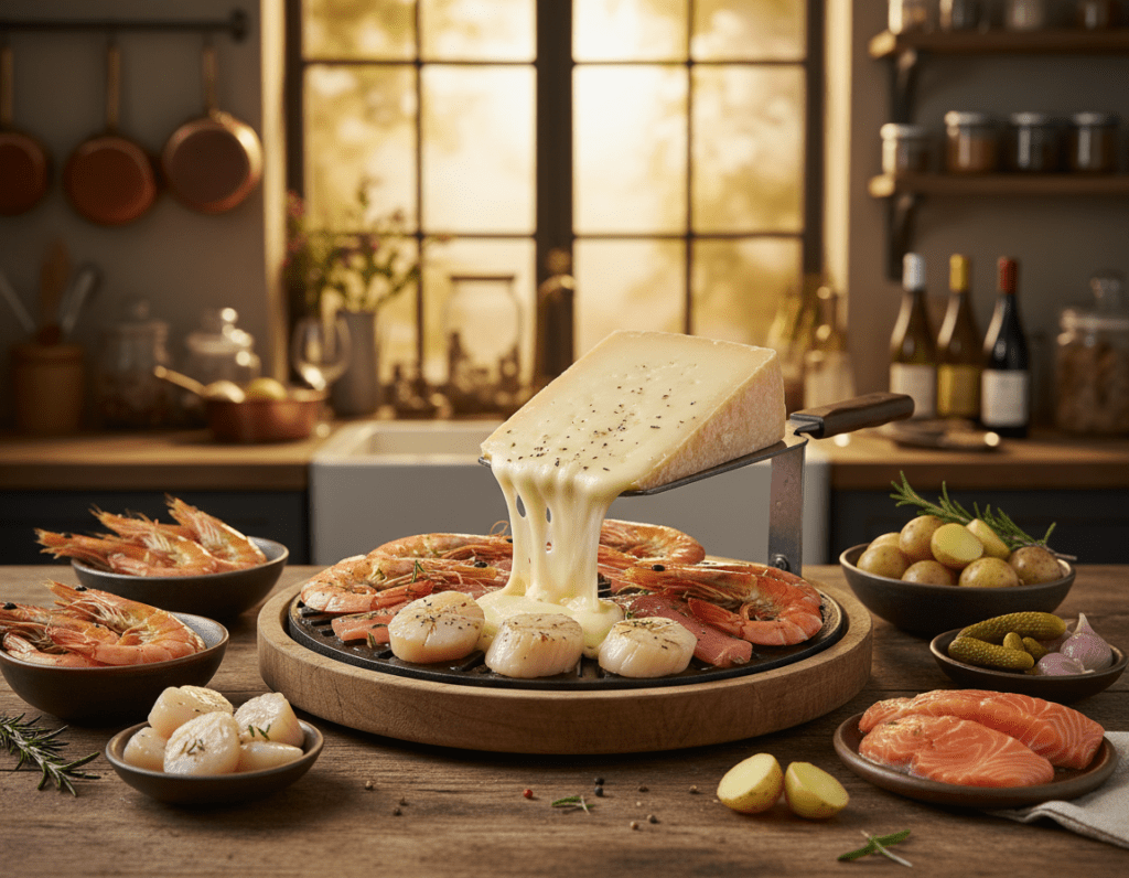 A beautifully arranged Raclette setup featuring succulent seafood and fish centered in a rustic, wooden raclette grill pan. In the foreground, fresh ingredients like prawns, scallops, and slices of salmon are artfully displayed, glistening with a light drizzle of olive oil. The middle ground showcases a melting piece of raclette cheese, gently bubbling as it begins to ooze over the seafood. In the background, a warm, inviting kitchen setting is visible, with soft golden lighting filtering through a nearby window, enhancing the appetizing colors of the dish. The atmosphere is cozy and inviting, suggesting a delightful culinary experience. Capture this scene from a slightly angled top-down perspective, emphasizing the textures and colors of the delicious seafood and melting cheese.
