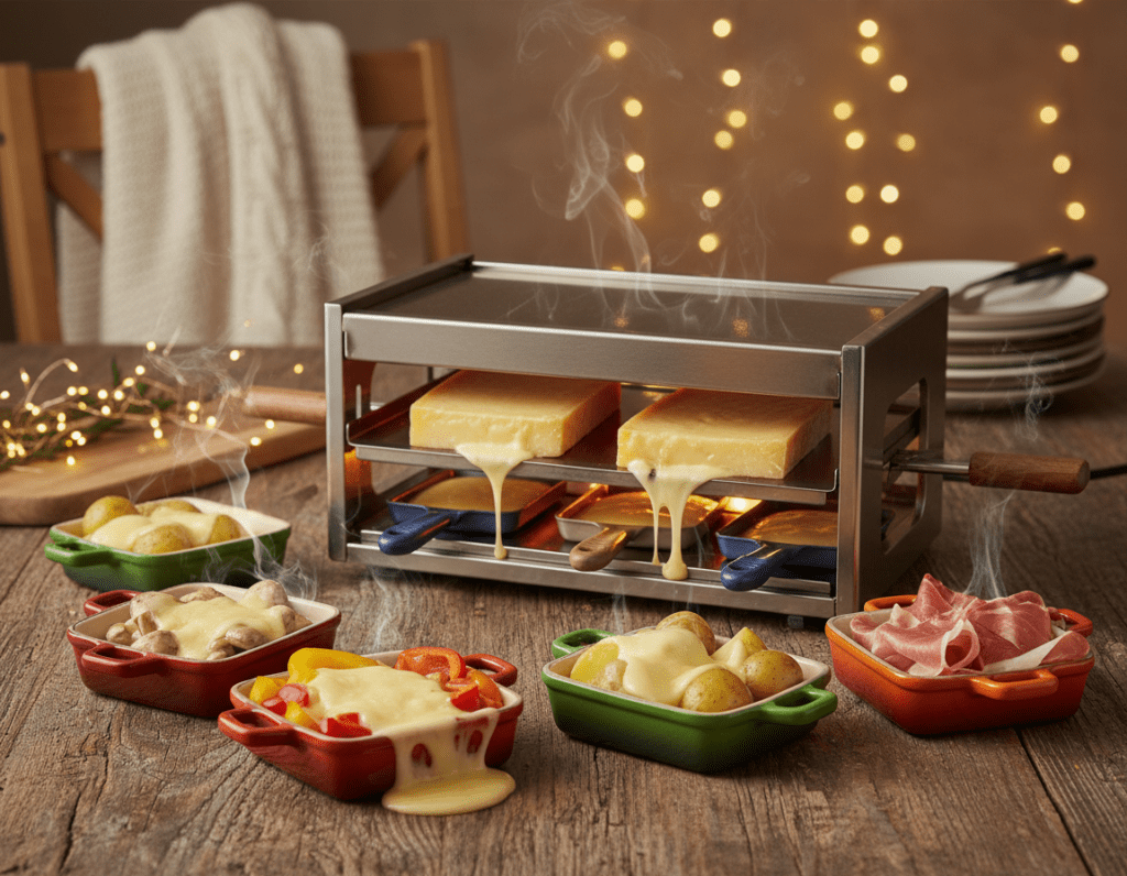 A beautifully arranged Raclette setup on a rustic wooden table. In the foreground, several colorful Raclette Pfännchen are filled with a variety of fresh ingredients: melting cheese, sliced bell peppers, mushrooms, boiled potatoes, and cured meats. The Pfännchen are steamy, showcasing the rich textures of the melting cheese. In the middle, a Raclette grill is showcased, with glowing coals and cheese slowly melting under the heat. In the background, a cozy dining area is softly lit by warm fairy lights, creating an inviting atmosphere. The image captures the essence of togetherness and culinary creativity, with a close-up view that highlights the vibrant colors and details of the ingredients. The mood is warm, inviting, and festive, perfect for a gathering.