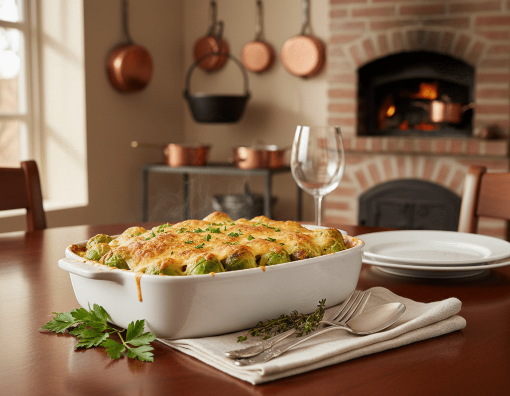 A beautifully arranged Rosenkohl (brussels sprouts) casserole dish, showcasing a golden-brown, bubbling top, with vibrant green sprouts peeking through. In the foreground, focus on the casserole dish served on an elegant wooden table, accompanied by fresh herbs sprinkled artistically around it. In the middle ground, include a neatly arranged table setting, featuring a pair of professional utensils and a cloth napkin, evoking a warm, inviting atmosphere. In the background, softly blurred kitchen elements such as a rustic oven and pots, bathed in warm, natural light streaming through a nearby window, enhance the homely vibe. The overall mood is cozy and appetizing, emphasizing the importance of avoiding common mistakes in preparing this dish while celebrating its simplicity and flavor.