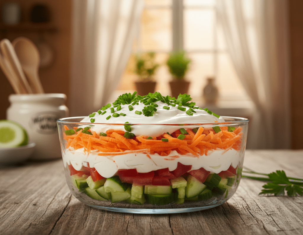 A beautifully arranged Schichtsalat, layered attractively in a glass bowl, showcasing vibrant colors from fresh vegetables like diced cucumbers, tomatoes, and shredded carrots, interspersed with creamy white layers of Miracel Whip. In the foreground, the textural contrast between the crunchy vegetables and the smooth dressing is emphasized, with a sprinkle of fresh herbs on top for garnish. The middle ground features a rustic wooden table, enhancing the homey and inviting atmosphere, while a soft-focus kitchen backdrop is visible, hinting at a cozy cooking space. Natural light filters in, creating a warm, inviting glow around the salad. The overall mood is fresh, wholesome, and appetizing, perfect for highlighting why this dish is beloved.