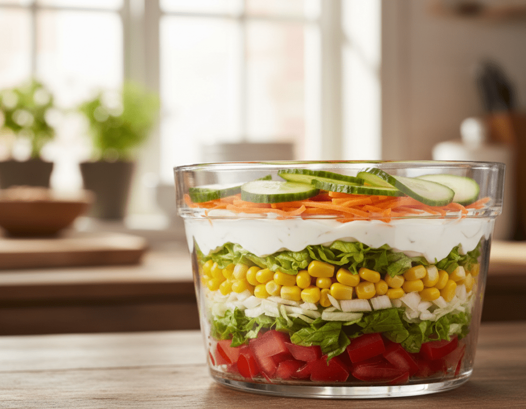 A beautifully arranged Schichtsalat, showcasing the perfect layering of colorful ingredients. In the foreground, focus on a clear glass bowl filled with distinct layers: vibrant red tomatoes, crisp green lettuce, sweet corn, finely chopped onions, and a creamy layer of Miracel Whip dressing. The middle layer should include sliced cucumbers and grated carrots, visibly separated to highlight the order. In the background, a softly blurred kitchen setting with warm, natural lighting adds a welcoming atmosphere. Use a shallow depth of field to emphasize the layers in the bowl while the background remains subtly out of focus. Capture the image from a slightly elevated angle to showcase the depth of the layers, evoking a sense of freshness and culinary delight.
