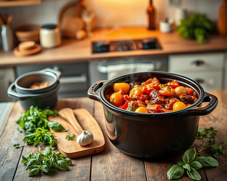 A beautifully arranged Schmortopf gusseisen pot, showcasing its rich, dark cast iron texture with a glossy finish, sits prominently in the foreground. The pot is filled with a vibrant, steaming Italian ragout, with colorful vegetables like bell peppers, onions, and tomatoes peeking through the thick sauce. A rustic wooden kitchen table serves as the surface, adorned with scattered herbs, a wooden spoon, and a chopping board with freshly chopped garlic and basil in the middle ground. The background features a softly blurred kitchen scene, with warm lighting emanating from above, creating a cozy, inviting atmosphere. The composition should evoke a sense of home-cooked warmth and culinary delight, captured from a top-down angle to emphasize the ingredients and the pot.