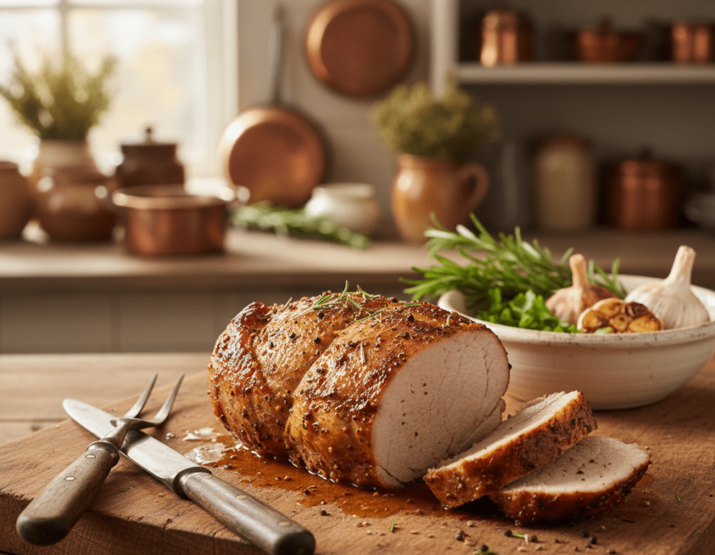 A beautifully arranged Schweinefilet resting on a wooden cutting board after being perfectly roasted, showcasing its juicy, tender exterior. The foreground features the meat glistening under warm, soft lighting, accentuating its textures and colors. A small knife and fork are placed beside the filet, ready for serving. In the middle ground, a simple ceramic dish holds fresh, vibrant garnishes like rosemary and garlic to enhance the aesthetic. The background is softly blurred, revealing a cozy kitchen setting with rustic utensils and natural wood elements, creating an inviting atmosphere. The overall mood is warm and inviting, conveying the importance of patience and care in the cooking process, reflecting the theme of resting meat for optimal flavor.