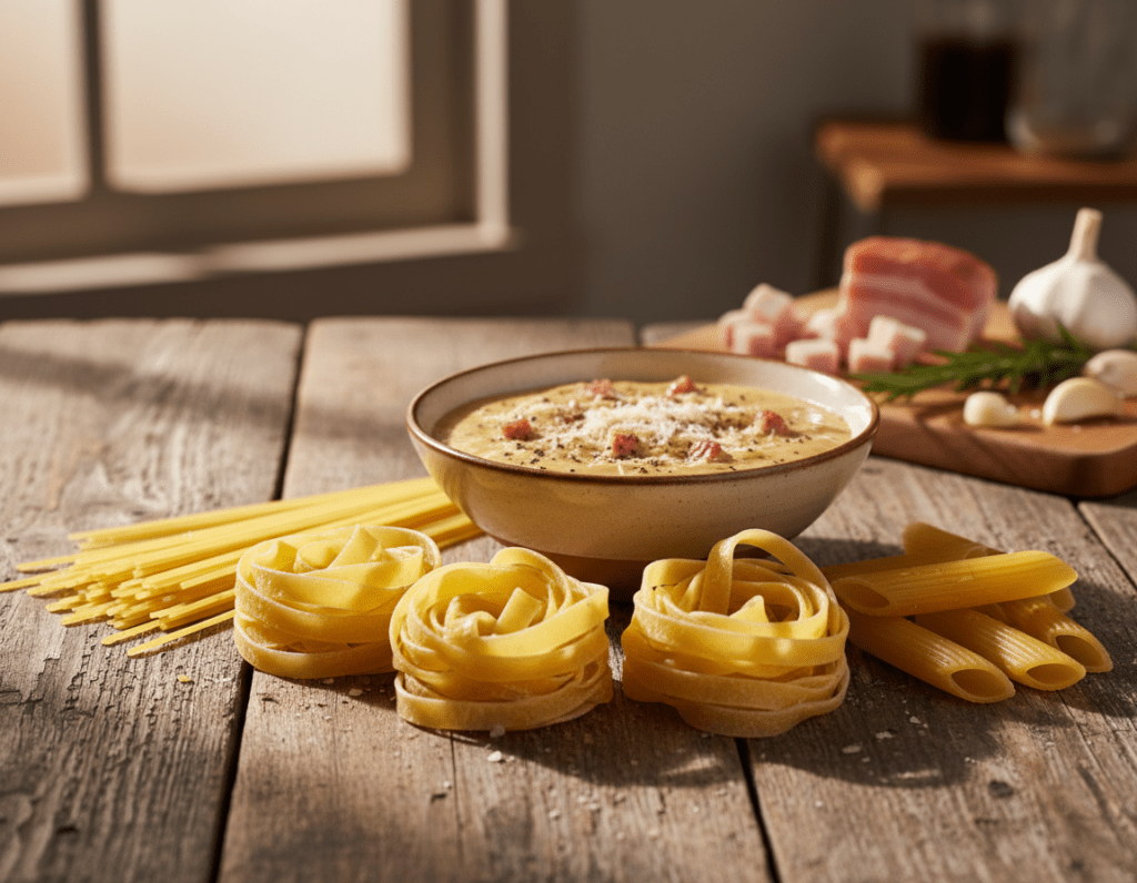 A beautifully arranged assortment of different pasta shapes ideal for Carbonara on a rustic wooden table. In the foreground, display a close-up of spaghetti, fettuccine, and rigatoni, all drizzled with glossy olive oil to highlight their texture. In the middle, include a small bowl of creamy carbonara sauce, accented with freshly cracked black pepper and freshly grated Parmesan. The background features soft, blurred kitchen elements, like a cutting board with pancetta and garlic, giving a homely, warm atmosphere. Use warm, natural lighting to enhance the inviting feel of Italian cooking, with a shallow depth of field focusing on the pasta while softly blurring out the background. The scene should inspire mouth-watering anticipation, evoking the essence of traditional Carbonara preparation.