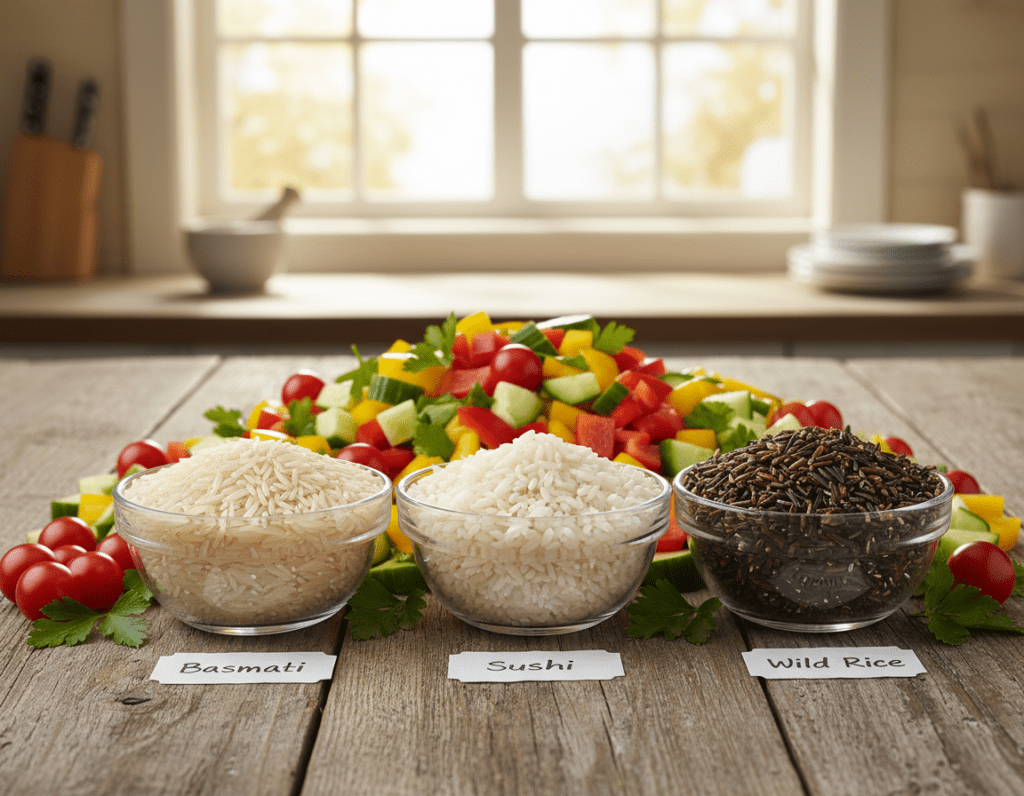 A beautifully arranged assortment of different rice varieties ideal for salads, such as long-grain basmati, short-grain sushi rice, and nutty wild rice, showcased on a rustic wooden table. In the foreground, there are small clear glass bowls filled with colorful rice, each labeled subtly with their names. The middle ground features a vibrant, fresh vegetable mix—chopped cucumbers, bell peppers, and cherry tomatoes—surrounding the rice bowls, enhancing the healthy appeal. In the background, a soft-focus kitchen setting with natural light streaming in through a large window, creating a warm and inviting atmosphere. The image should convey a mood of freshness and culinary inspiration, perfect for showcasing the variety of rice options for a delicious salad. Ensure the colors are vibrant and appetizing, highlighting the textures of the rice and vegetables.