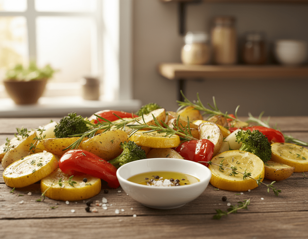 A beautifully arranged assortment of oven-roasted vegetables, including vibrant red bell peppers, yellow zucchini, and deep green broccoli, mingling with golden-brown potatoes, all placed on a rustic wooden table. The foreground features the ingredients artfully scattered, showcasing their textures and colors, with fresh herbs like rosemary and thyme adding a touch of green. In the middle, a simple, elegant ceramic bowl holds a mixture of olive oil, salt, and pepper, glistening in the soft light. The background is subtly blurred to emphasize the vibrant ingredients while hinting at an inviting kitchen atmosphere with warm, natural lighting streaming in through a window. The entire image evokes a mood of comfort and simplicity, perfect for a seasonal recipe. A beautifully arranged assortment of oven-roasted vegetables, including vibrant red bell peppers, yellow zucchini, and deep green broccoli, mingling with golden-brown potatoes, all placed on a rustic wooden table. The foreground features the ingredients artfully scattered, showcasing their textures and colors, with fresh herbs like rosemary and thyme adding a touch of green. In the middle, a simple, elegant ceramic bowl holds a mixture of olive oil, salt, and pepper, glistening in the soft light. The background is subtly blurred to emphasize the vibrant ingredients while hinting at an inviting kitchen atmosphere with warm, natural lighting streaming in through a window. The entire image evokes a mood of comfort and simplicity, perfect for a seasonal recipe.