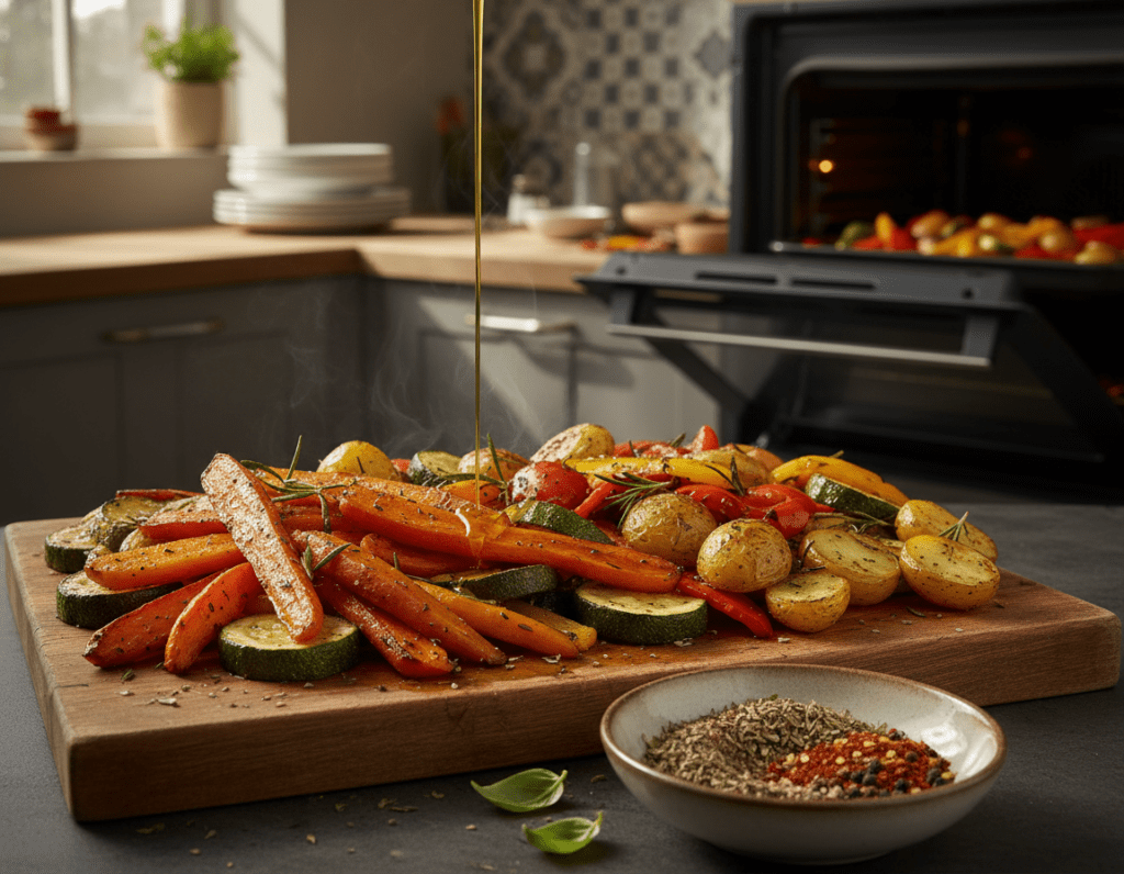 A beautifully arranged assortment of roasted vegetables, including vibrant carrots, zucchini, bell peppers, and potatoes, displayed on a rustic wooden cutting board. The foreground features a small bowl of aromatic herbs and spices, with a drizzle of olive oil, capturing the essence of marinating and seasoning. In the middle ground, a partially visible oven emits a warm, inviting glow, enhancing the cozy atmosphere. The background showcases a kitchen setting with soft, natural lighting filtering through a window, casting gentle shadows. The overall mood is inviting and warm, emphasizing the art of seasoning to create flavorful roasted vegetables. The composition is shot from a slightly elevated angle, allowing for a clear view of the colorful ingredients and their textures. A beautifully arranged assortment of roasted vegetables, including vibrant carrots, zucchini, bell peppers, and potatoes, displayed on a rustic wooden cutting board. The foreground features a small bowl of aromatic herbs and spices, with a drizzle of olive oil, capturing the essence of marinating and seasoning. In the middle ground, a partially visible oven emits a warm, inviting glow, enhancing the cozy atmosphere. The background showcases a kitchen setting with soft, natural lighting filtering through a window, casting gentle shadows. The overall mood is inviting and warm, emphasizing the art of seasoning to create flavorful roasted vegetables. The composition is shot from a slightly elevated angle, allowing for a clear view of the colorful ingredients and their textures.