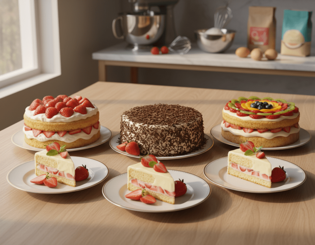 A beautifully arranged assortment of variations of strawberry cake, featuring a delicate sponge base topped with luscious, creamy vanilla pudding. In the foreground, showcase several slices of cake on elegant plates, each garnished with fresh strawberries and mint leaves. In the middle, display whole cakes of different styles—one layered with whipped cream, another decorated with chocolate shavings, and a third featuring colorful fruit toppings. The background should be a softly blurred kitchen setting, filled with baking tools and ingredients. Soft, natural light pours in from a nearby window, casting a warm glow over the cakes, creating a cozy and inviting atmosphere. The angle is slightly overhead, capturing the vibrant colors and textures of the cakes against a light, neutral backdrop.