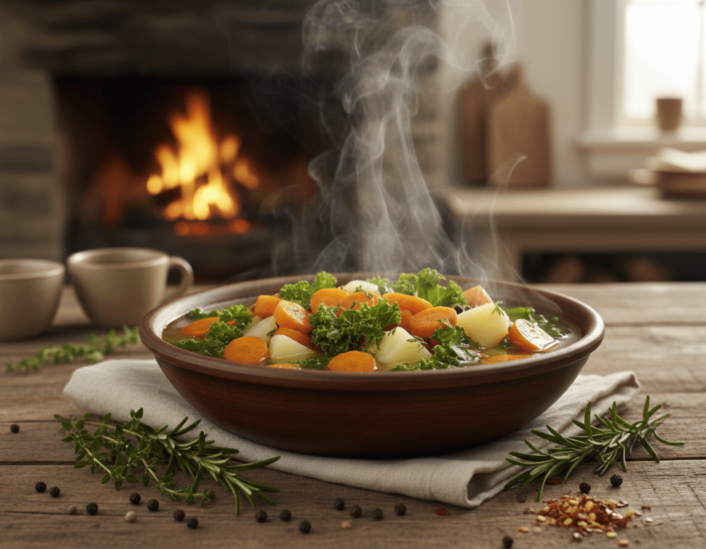 A beautifully arranged bowl of healthy winter soup, showcasing vibrant vegetables like carrots, kale, and potatoes, steaming gently in the foreground. Surrounding the bowl, ingredients such as fresh herbs and spices are artfully scattered, creating a lively composition. In the background, a cozy kitchen setting with warm lighting reflects a homey atmosphere, hinting at a rustic wooden table and a flickering fireplace. The image captures the essence of nourishment, emphasizing the soup's rich colors and textures. Use soft, diffused lighting to enhance the warmth and inviting nature of the scene, shot from a slightly elevated angle to focus on the soup while including enough of the background for context. The overall mood is warm, inviting, and wholesome, conveying health benefits and comfort in winter nutrition. A beautifully arranged bowl of healthy winter soup, showcasing vibrant vegetables like carrots, kale, and potatoes, steaming gently in the foreground. Surrounding the bowl, ingredients such as fresh herbs and spices are artfully scattered, creating a lively composition. In the background, a cozy kitchen setting with warm lighting reflects a homey atmosphere, hinting at a rustic wooden table and a flickering fireplace. The image captures the essence of nourishment, emphasizing the soup's rich colors and textures. Use soft, diffused lighting to enhance the warmth and inviting nature of the scene, shot from a slightly elevated angle to focus on the soup while including enough of the background for context. The overall mood is warm, inviting, and wholesome, conveying health benefits and comfort in winter nutrition.