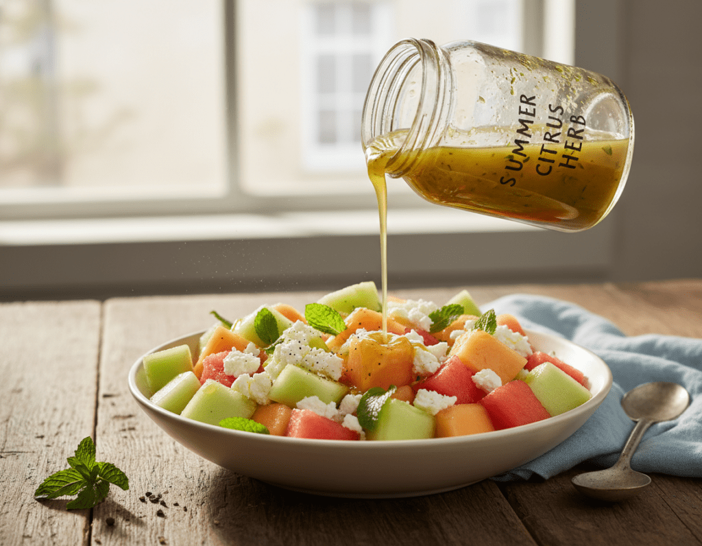 A beautifully arranged bowl of melon and feta salad, showcasing chunks of ripe, juicy melon alongside creamy feta cheese. The foreground features a glass jar filled with a vibrant, homemade salad dressing made with olive oil, lemon juice, and herbs, poured artfully into the bowl. The middle ground captures fresh ingredients like mint leaves and cracked black pepper, enhancing the dish's freshness. In the background, a rustic wooden table sets an inviting atmosphere, with soft, natural light streaming in from a nearby window, casting gentle shadows. The scene is colorful and appetizing, evoking a sense of summer freshness and culinary delight. The mood is cheerful and inviting, perfect for a light and healthy meal.