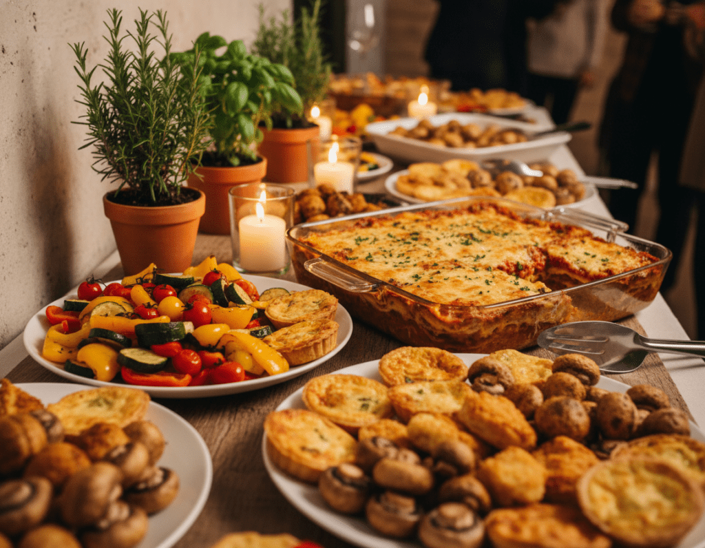 A beautifully arranged buffet table featuring a variety of oven-prepared party dishes. In the foreground, vibrant platters of golden, crispy appetizers like stuffed mushrooms, mini quiches, and colorful roasted vegetables. The middle section showcases a large, mouth-watering lasagna, with bubbling cheese and a rich sauce, surrounded by elegant serving utensils. In the background, there are tasteful decorative elements such as fresh herbs in small pots, and warm candles creating a cozy atmosphere. Soft, warm lighting enhances the appetizing colors of the food, casting gentle shadows. A shallow depth of field blurs the background slightly, focusing the viewer's attention on the delicious dishes. The overall mood is inviting and festive, perfect for a celebration.