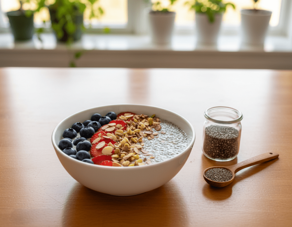 A beautifully arranged chia pudding bowl placed on a clean wooden table. The foreground features the pudding, topped with vibrant fruits like blueberries, strawberries, and a sprinkle of nuts for texture. In the middle ground, a small jar of chia seeds and a measuring spoon are placed beside the bowl, emphasizing the ingredients. The background softly blurs out with a sunlit kitchen setting, showcasing green plants and natural light pouring through a window, creating a warm and inviting atmosphere. The image is well-lit, capturing the creamy texture of the pudding against the colorful toppings, inviting viewers to explore the health benefits of chia pudding. The angle is a slightly overhead shot, giving a clear view of the bowl and its toppings.