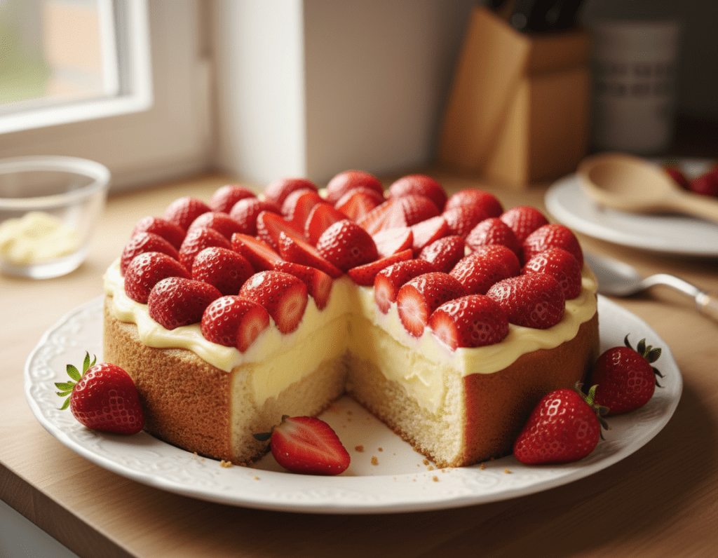 A beautifully arranged classic strawberry cake with a sponge base and creamy vanilla pudding filling. The cake is topped with glistening, fresh strawberries, red and ripe, placed artfully across the surface. In the foreground, a slice of the cake reveals its fluffy layers, showcasing the inviting contrast between the light sponge and the smooth pudding. In the middle, a vintage white plate holds the cake, accompanied by a few scattered strawberries. The background features a softly blurred kitchen setting, filled with warm, natural light streaming in from a nearby window, creating a cozy atmosphere. The image should be captured from a slightly elevated angle, emphasizing the layers of the cake while maintaining an inviting and appetizing mood.