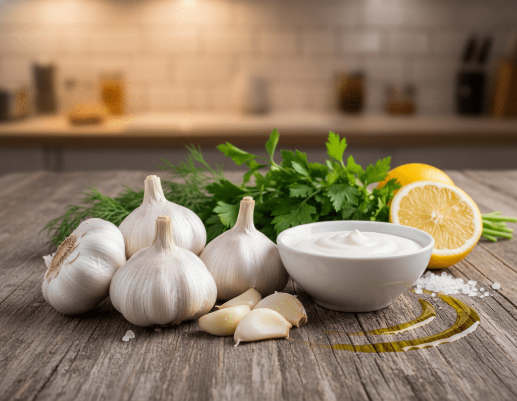 A beautifully arranged collection of fresh ingredients for garlic sauce, prominently featuring whole garlic bulbs and peeled cloves in the foreground. Include a small bowl of creamy white sauce made from the garlic, next to a drizzle of olive oil. In the middle ground, display fresh herbs like parsley and dill, along with a sprinkle of sea salt and a lemon half for a burst of color. In the background, soft kitchen lighting casts a warm, inviting glow, highlighting a rustic wooden table with a blurred kitchen setting. The composition should evoke a sense of freshness and simplicity, perfect for a cooking guide, with a focus on natural textures and colors.