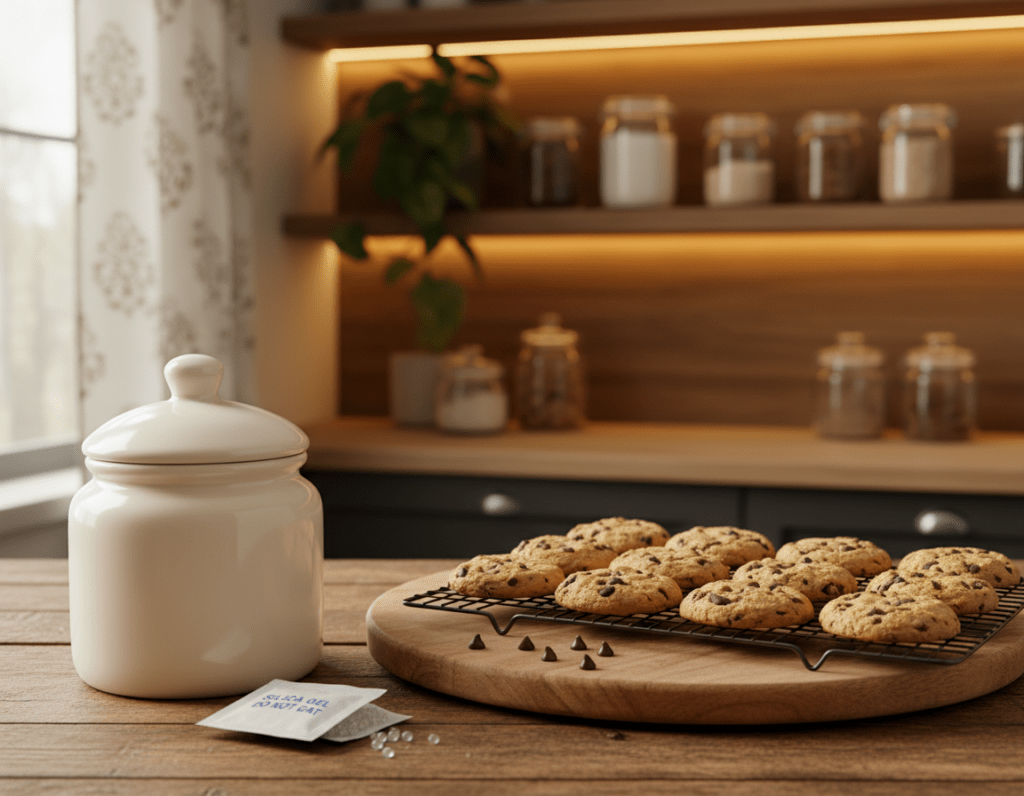 A beautifully arranged collection of freshly baked cookies displayed in a cozy kitchen setting. In the foreground, a ceramic cookie jar with a lid, positioned next to an open packet of silica gel to emphasize freshness. In the middle ground, a wooden cutting board with a few scattered chocolate chips and a cooling rack with perfectly shaped cookies. The background features soft, warm lighting that enhances the inviting atmosphere of a home kitchen, with rustic wooden shelves holding jars of ingredients and a plant pot. The scene captures a sense of warmth and homeliness, perfect for illustrating tips on how to store and keep baked goods fresh.