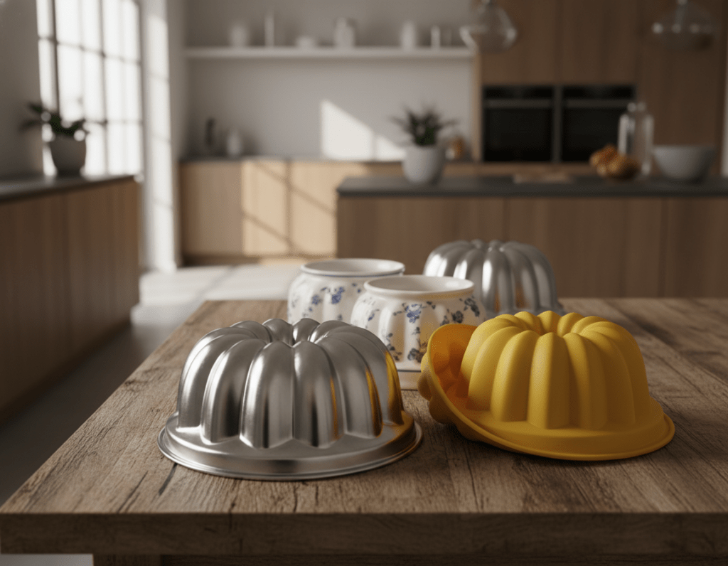 A beautifully arranged collection of various Gugelhupf baking molds on a rustic wooden kitchen table. In the foreground, showcase an elegant, shiny metal Gugelhupf pan with intricate designs and a classic bundt shape. Next to it, display a silicone mold in a vibrant color, highlighting its flexibility. In the middle ground, include a ceramic mold with a floral pattern, slightly blurred to give depth. The background features a softly lit modern kitchen with warm wood accents and a hint of natural light filtering through a window, casting gentle shadows. The scene exudes a warm, inviting atmosphere, ideal for inspiring home bakers. Use soft, diffused lighting to enhance the textures and details of the molds, captured from a slightly elevated angle for a comprehensive view.
