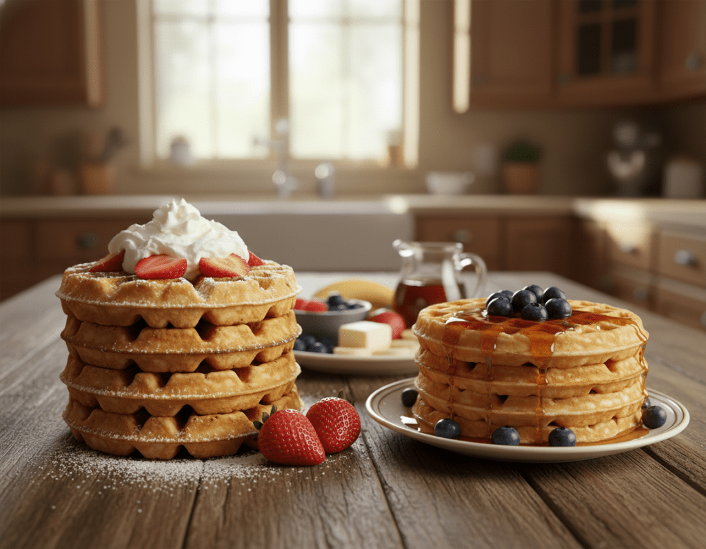 A beautifully arranged comparison of Belgian and American waffles on a rustic wooden table. In the foreground, a stack of fluffy Belgian waffles, golden-brown and topped with whipped cream, fresh strawberries, and a light dusting of powdered sugar. Beside them, a short stack of American waffles, slightly thinner, drizzled with maple syrup and adorned with blueberries. In the middle, a charming plate with a colorful assortment of toppings like butter, syrup, and fruit. The background features a softly lit kitchen with warm wooden cabinets and gentle morning light streaming in through a window, creating a cozy atmosphere. Use a shallow depth of field to focus on the waffles with a blurred background, enhancing the inviting mood of a weekend brunch.