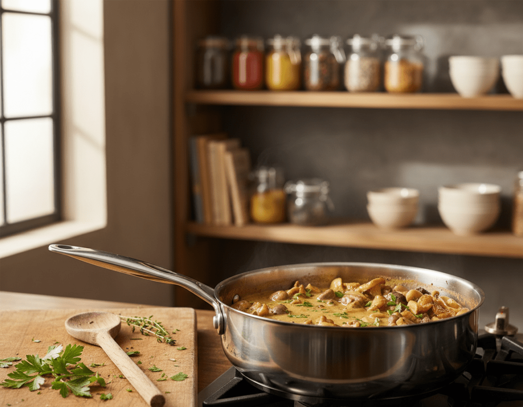 A beautifully arranged culinary scene showcasing the preparation of a creamy mushroom ragout sauce. In the foreground, a medium-sized stainless steel saucepan with a rich, golden-brown sauce bubbling gently, surrounded by fresh chopped herbs like parsley and thyme. A wooden spoon rests beside the pan, adding warmth to the scene. In the middle, an assortment of sautéed mushrooms—cremini, shiitake, and oyster—begin to mingle with the sauce, their textures glistening. The background features a softly lit, rustic kitchen setting with wooden shelves displaying spices and recipe books. The warm, inviting atmosphere is enhanced by natural light streaming through a window, creating a sense of comfort and homeliness, perfect for a cooking tutorial.