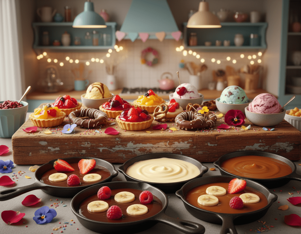 A beautifully arranged dessert table showcasing creative raclette-style sweet treats. In the foreground, individual small cast iron pans filled with melted chocolate, vanilla custard, and caramel sauce, topped with fresh fruits like strawberries, bananas, and raspberries. The middle layer features an assortment of colorful desserts, including mini fruit tarts, chocolate dipped pretzels, and ice cream scoops, artfully displayed on a rustic wooden board. The background has a softly lit, cozy kitchen atmosphere with warm ambient lighting and subtle pastel-colored décor. A whimsical vibe is conveyed through playful details like sprinkles and edible flowers scattered around. The composition is inviting and appetizing, capturing the essence of indulgence while celebrating sweet raclette dessert ideas.