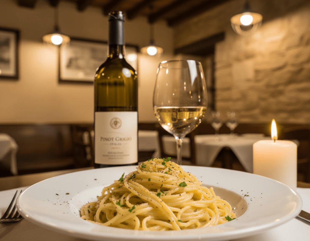 A beautifully arranged dining table featuring a plate of creamy Spaghetti Carbonara, garnished with freshly cracked black pepper and chopped parsley. Beside the pasta, there is an elegant bottle of white wine, specifically a crisp Pinot Grigio, with a wine glass partially filled, reflecting warm ambient light from a nearby candle. In the background, soft bokeh effects create a cozy, intimate atmosphere, hinting at rustic Italian decor with wooden textures and a vintage feel. The scene is lit with gentle, warm lighting that enhances the inviting mood of a fine dining experience. The focus is on the food and wine pairing, showcasing the harmonious blend of flavors.