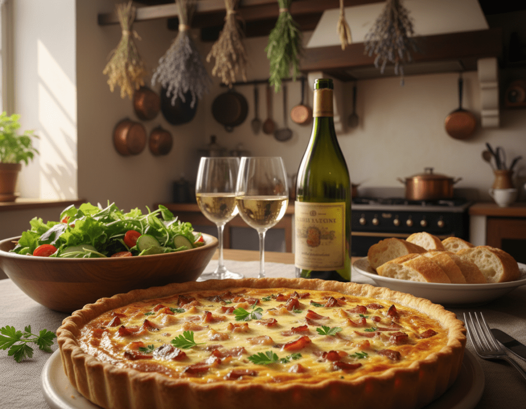 A beautifully arranged dining table showcasing a Quiche Lorraine in the foreground, its golden crust perfectly browned and filled with a rich mixture of eggs, cream, cheese, and crispy bacon. Surrounding the quiche, fresh side dishes include a vibrant green salad with cherry tomatoes, cucumbers, and a light vinaigrette, as well as elegantly sliced crusty baguette. The middle ground features a soft-focus vintage wine bottle and two glasses filled with white wine, reflecting a warm, inviting atmosphere. In the background, a softly lit kitchen setting adds to the homely vibe, with herbs hanging from the ceiling and kitchen utensils hanging on the wall. The scene is illuminated by warm, natural light, creating an inviting and appetizing ambiance. The image captures the essence of enjoying classic French cuisine with friends or family.