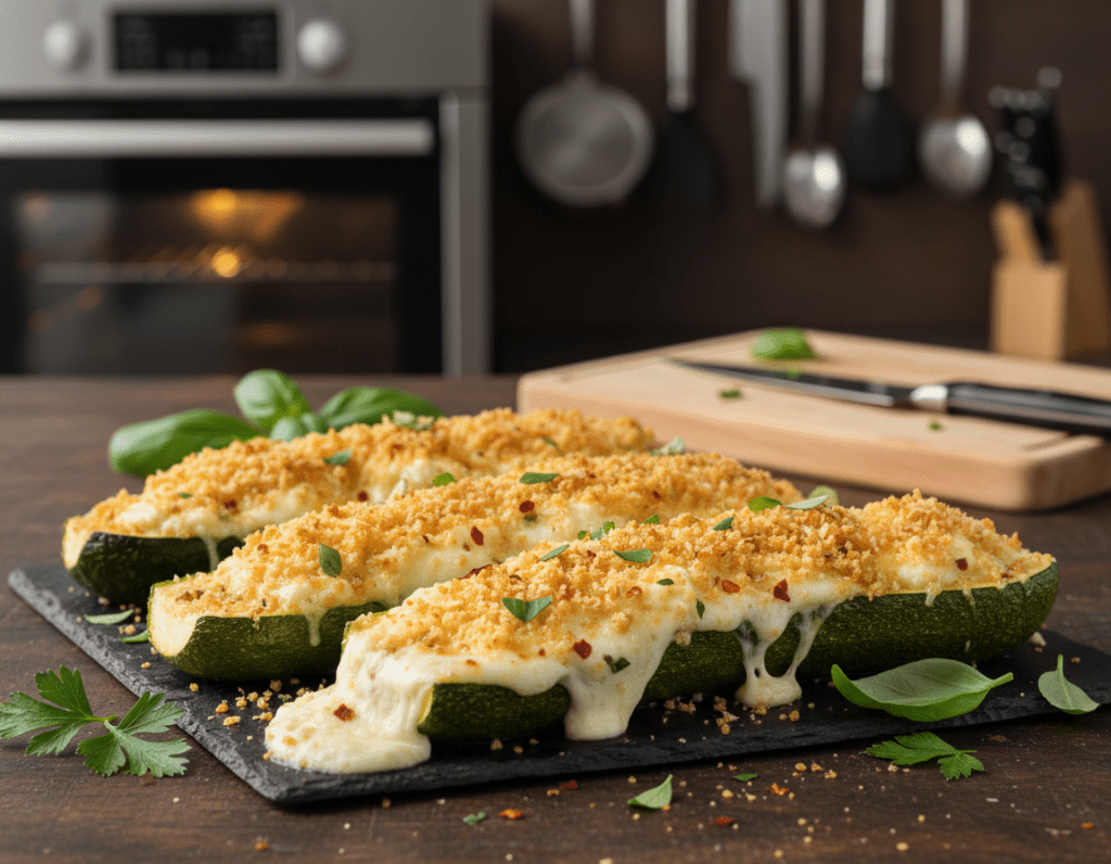 A beautifully arranged dish of baked zucchini filled with a creamy cheese mixture, topped with golden brown and bubbling cheese. In the foreground, focus on the vibrant green zucchini halves, their flesh generously stuffed with a blend of melted cheese, herbs, and spices. Enhance the texture with crispy breadcrumbs sprinkled on top. The middle ground shows a rustic wooden table, with hints of fresh herbs like parsley and basil scattered around, adding color. In the background, softly blurred kitchen elements like an oven and utensils create a warm, inviting atmosphere. The lighting is warm and natural, emulating a cozy kitchen setting, shot from a slightly elevated angle to capture the delicious details.