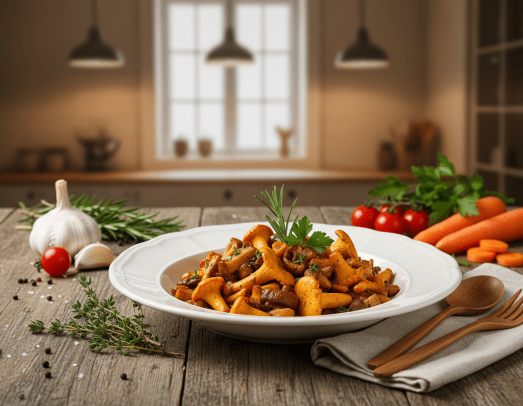 A beautifully arranged dish of seasonal mushroom ragout, showcasing a mix of vibrant mushrooms like chanterelles and porcini, garnished with fresh herbs and served in an elegant white bowl. The foreground features the dish attractively presented on a rustic wooden table, with natural wooden utensils beside it. In the middle ground, a few scattered ingredients such as garlic, fresh thyme, and colorful vegetables add depth. The background features a softly blurred kitchen setting with warm, ambient lighting that creates a cozy atmosphere. The image captures the essence of a delightful seasonal meal, inviting and rich in earthy tones, conveying the comfort and versatility of mushroom ragout as a dish suitable for any season.