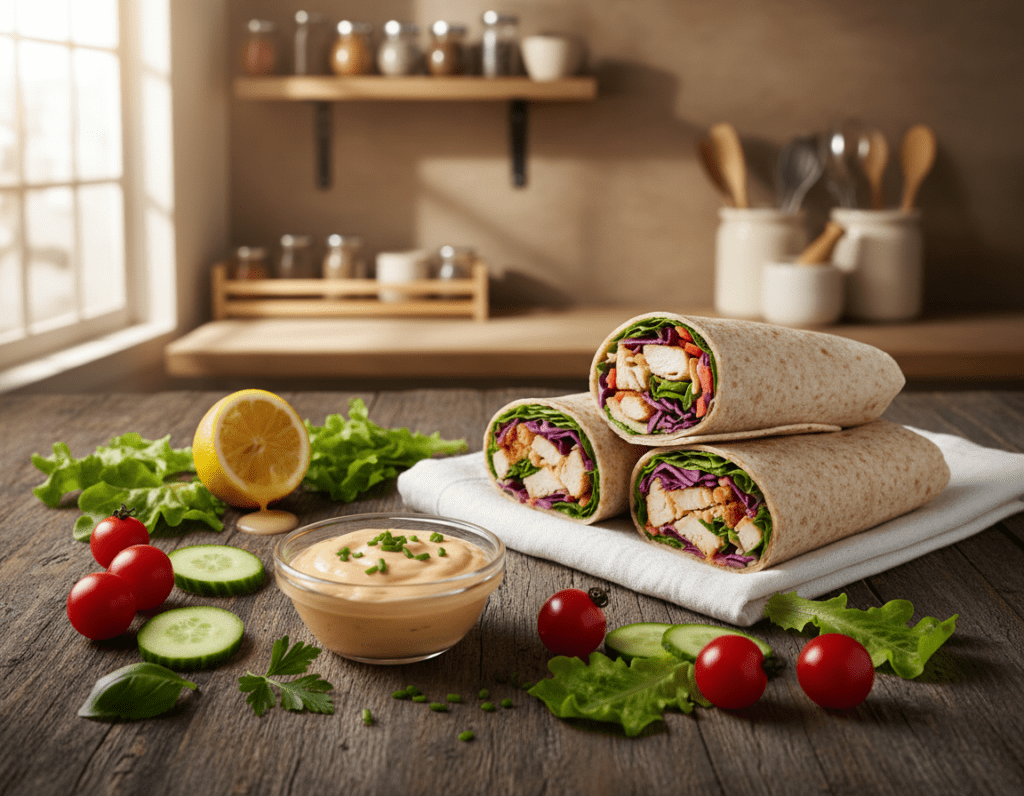 A beautifully arranged dish showcasing a vibrant "Wraps Sauce Rezept." In the foreground, a small glass bowl filled with a creamy, tangy sauce, garnished with fresh herbs, sits on a rustic wooden table. Surrounding the bowl are fresh ingredients like bright red tomatoes, crisp lettuce, and a squeeze of lemon, creating an inviting atmosphere. In the middle, there are neatly rolled chicken wraps, their colorful fillings peeking out, emphasizing the flavor potential of the sauce. The background features a softly blurred kitchen setting with wooden shelves, spices, and utensils, illuminated by warm, natural light from a nearby window. The overall mood is cozy and appetizing, inspiring culinary creativity for making delicious chicken wraps.