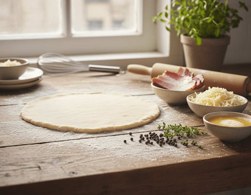 A beautifully arranged display of Quiche Lorraine ingredients on a rustic wooden kitchen table. In the foreground, there are a rolled-out pastry crust on a floured surface, alongside bowls containing fresh ingredients: thick slices of smoked bacon, grated Gruyère cheese, and a small bowl of whisked eggs. In the middle, a sprinkle of fresh thyme and black pepper adds color and flavor. Soft, natural lighting filters through a nearby window, highlighting the textures of the ingredients. In the background, there are blurred kitchen utensils and a hint of a green herb plant. The atmosphere is warm and inviting, suggesting a homey cooking environment.